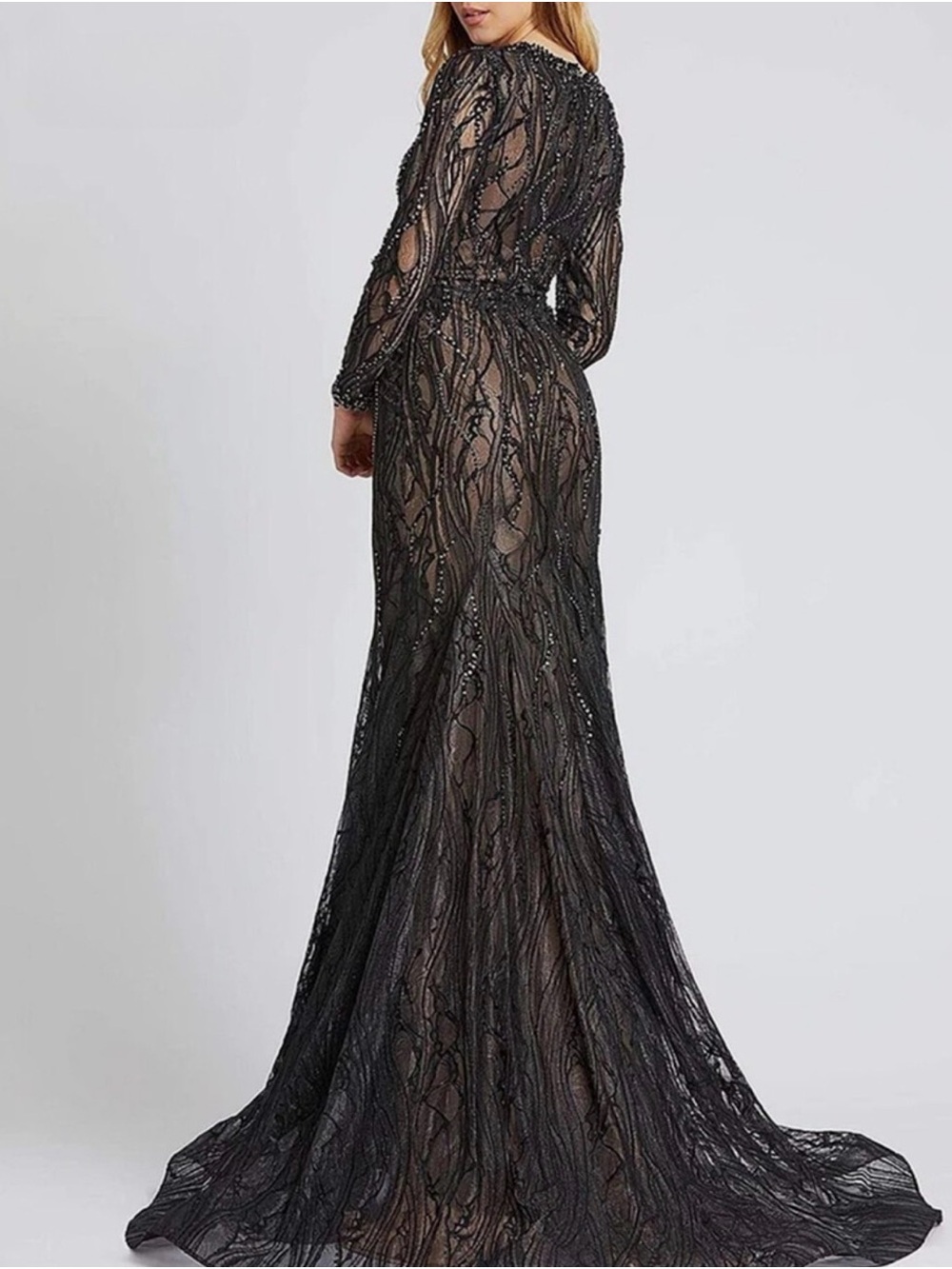 NWT Gorgeous Mac Duggal Beaded Illusion Long Sleeve Plunge Neck Gown - Picture 6 of 6